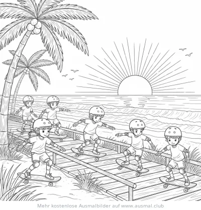 Skateboarder Kinder am Strand Ausmalbild