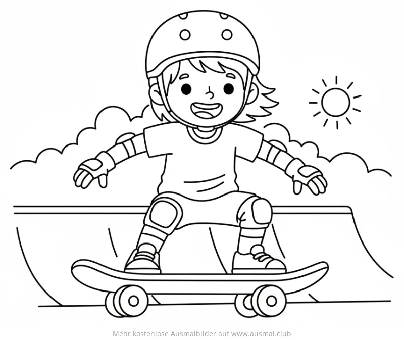 Junge mit Helm und Schützern auf Skateboard an Rampe Ausmalbild