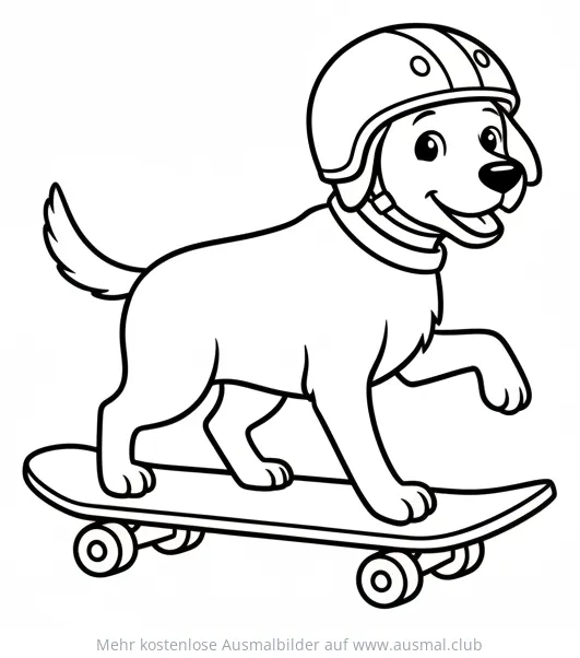 Hund mit Helm auf Skateboard Ausmalbild