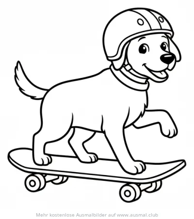 Hund mit Helm auf Skateboard Ausmalbild