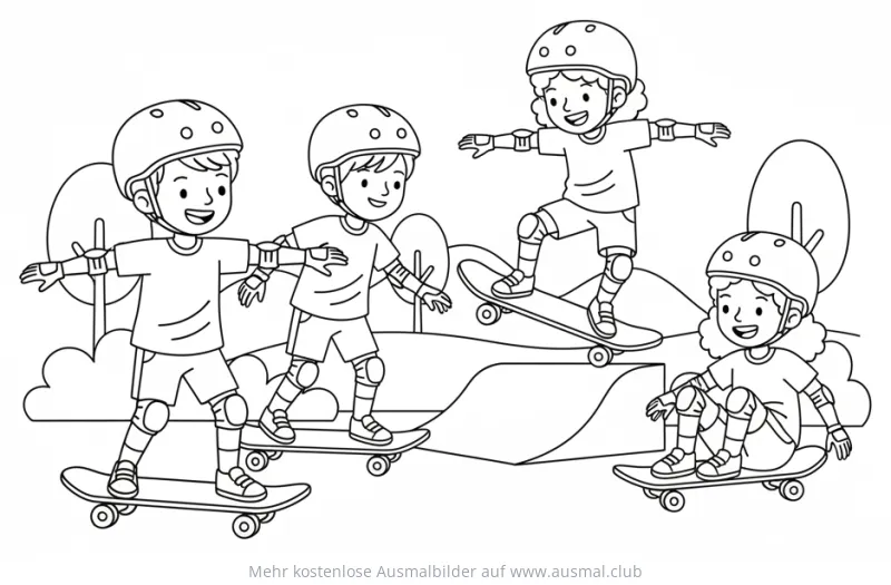 Vier Kinder auf Skateboards mit Schutzausrüstung Ausmalbild