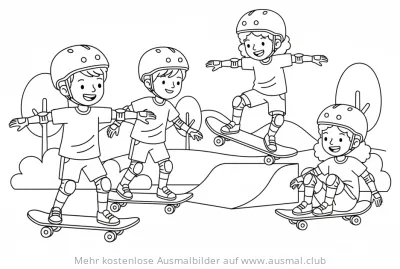 Vier Kinder auf Skateboards mit Schutzausrüstung Ausmalbild