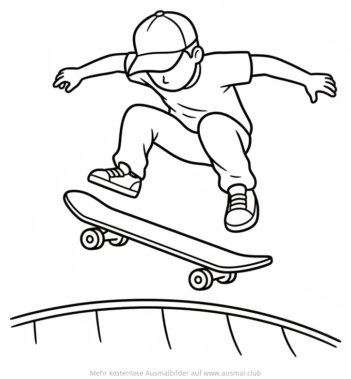Junge auf Skateboard beim Sprung über Rampe Ausmalbild
