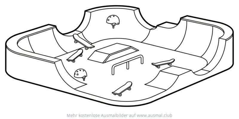 Skatepark mit Skateboards und Helmen Ausmalbild