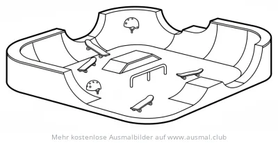 Skatepark mit Skateboards und Helmen Ausmalbild