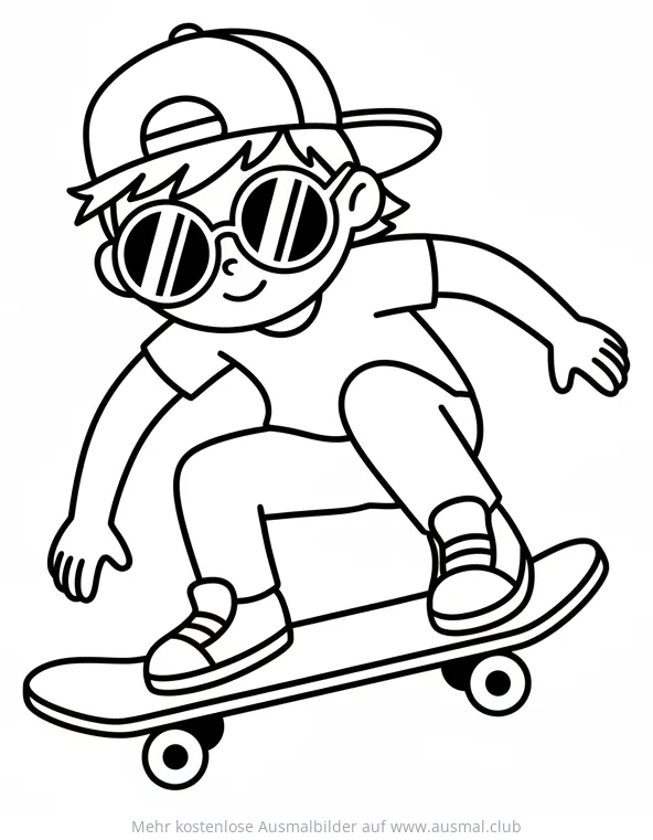 Junge mit Sonnenbrille auf Skateboard Ausmalbild