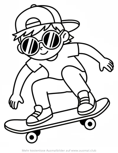 Junge mit Sonnenbrille auf Skateboard Ausmalbild