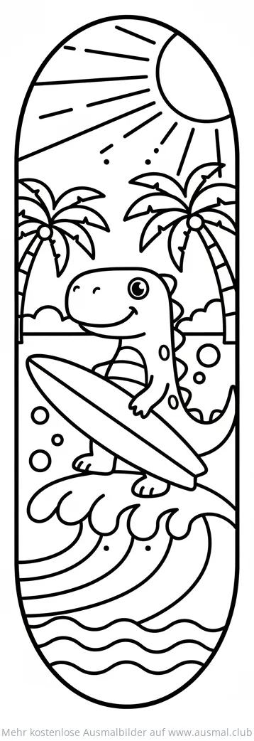 Dino surft auf Skateboard-Deck Ausmalbild