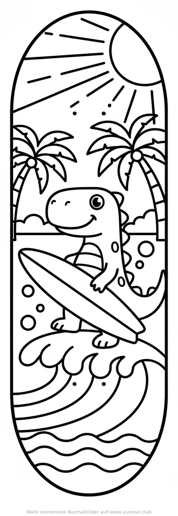 Dino surft auf Skateboard-Deck Ausmalbild