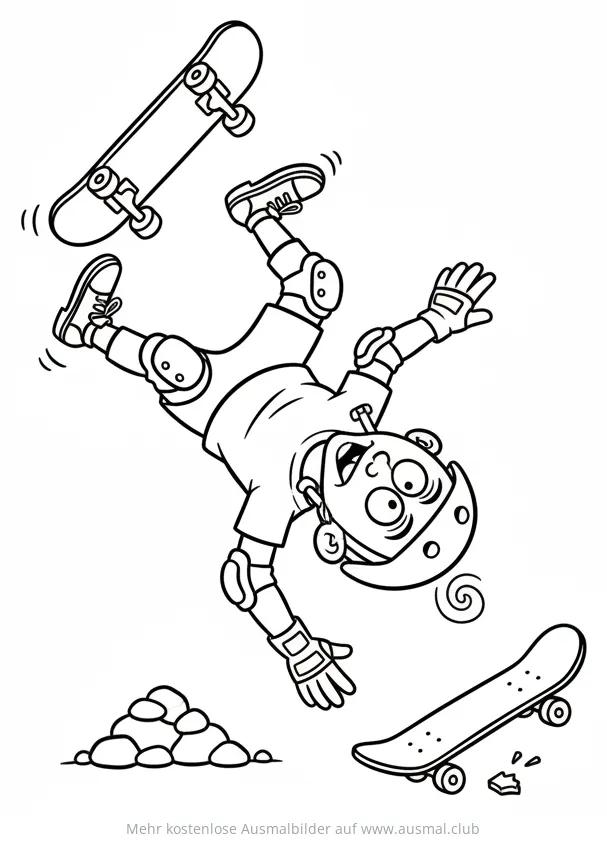 Skateboardfahrer mit Schutzkleidung stürzt Ausmalbild