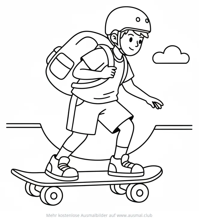 Skateboardfahrer mit Rucksack Ausmalbild