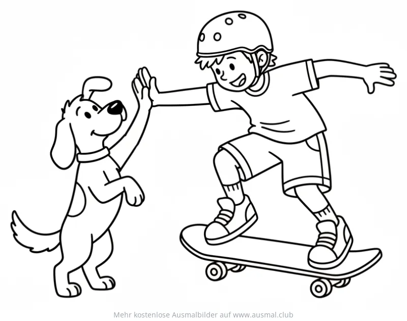 Skateboard fahrender Junge gibt Hund Highfive Ausmalbild