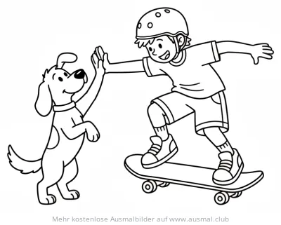 Skateboard fahrender Junge gibt Hund Highfive Ausmalbild
