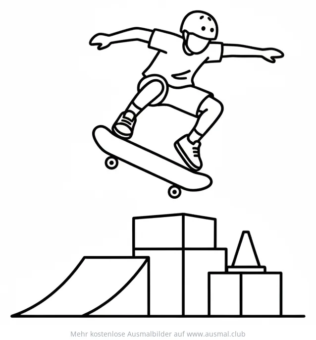 Skateboarder springt über Hindernis Ausmalbild