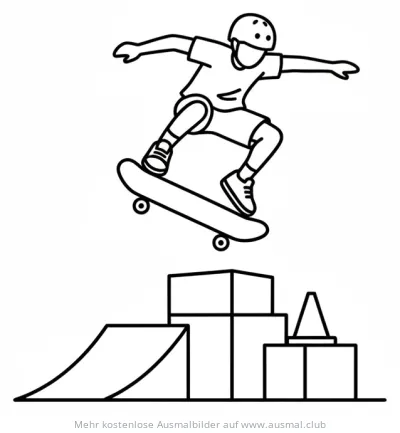 Skateboarder springt über Hindernis Ausmalbild