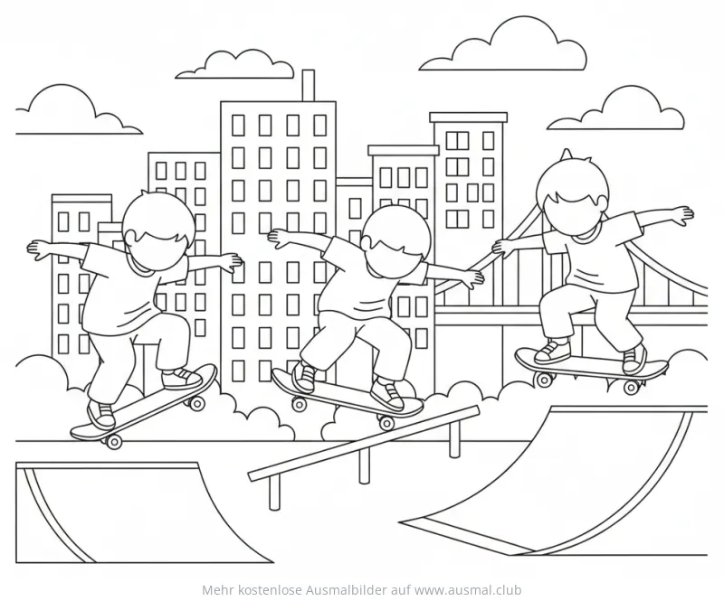 Drei Skateboarder auf Rampen in der Stadt Ausmalbild