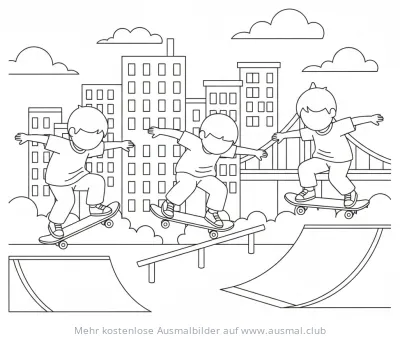 Drei Skateboarder auf Rampen in der Stadt Ausmalbild