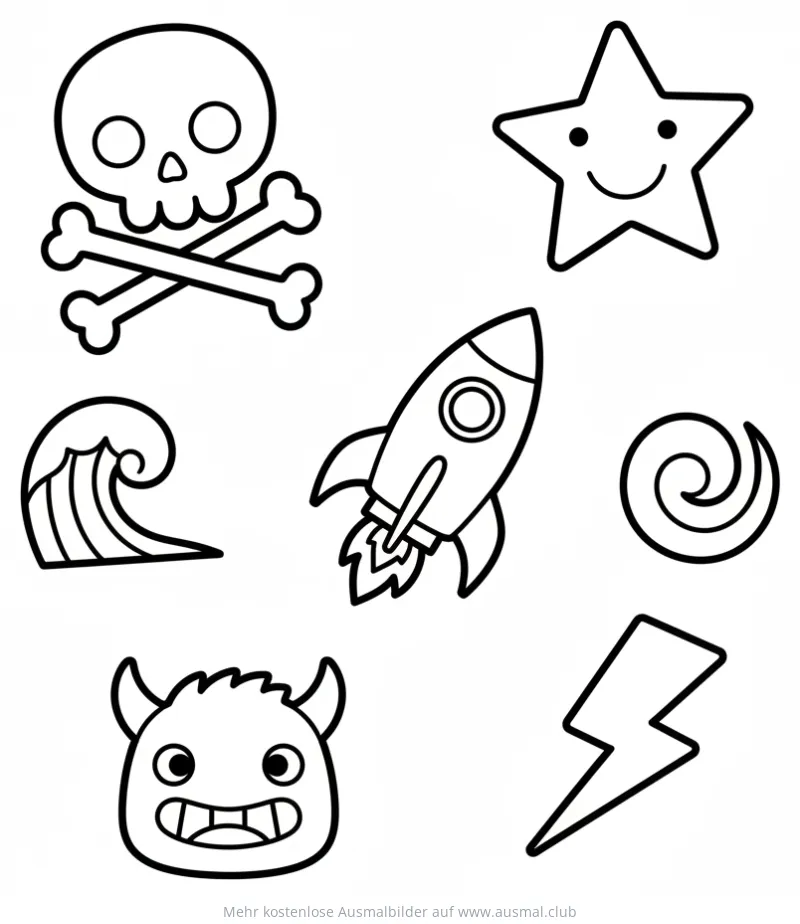Sticker mit Totenkopf, Stern, Rakete, Welle, Spirale, Blitz und Monster Ausmalbild