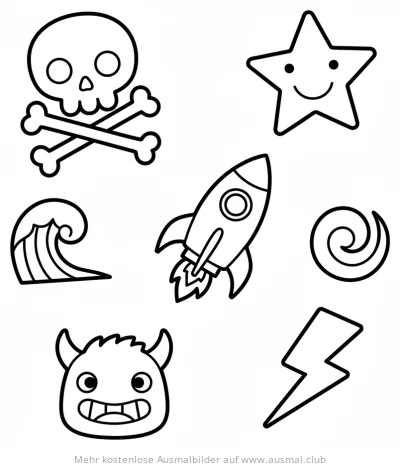 Sticker mit Totenkopf, Stern, Rakete, Welle, Spirale, Blitz und Monster Ausmalbild