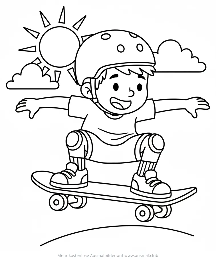 Junge mit Helm und Schutzkleidung auf Skateboard Ausmalbild