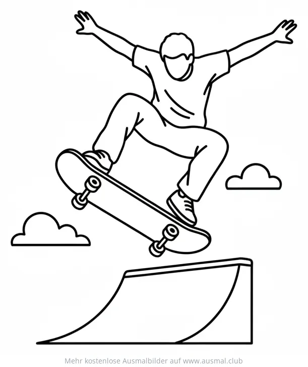 Skateboarder springt mit Skateboard über Rampe Ausmalbild