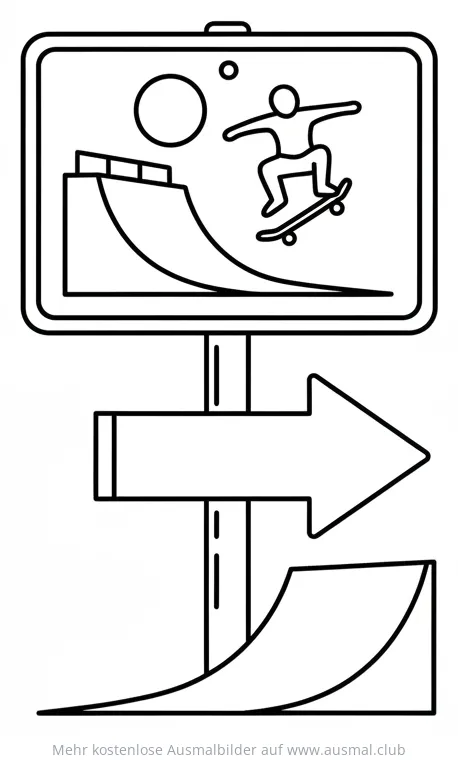 Skateboarder auf Rampe Hinweisschild Ausmalbild