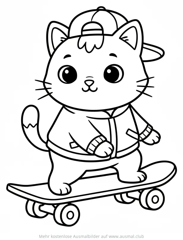 Katze mit Basecap auf Skateboard Ausmalbild