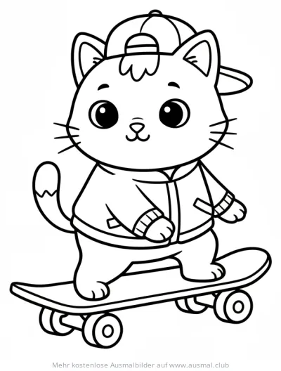 Katze mit Basecap auf Skateboard Ausmalbild