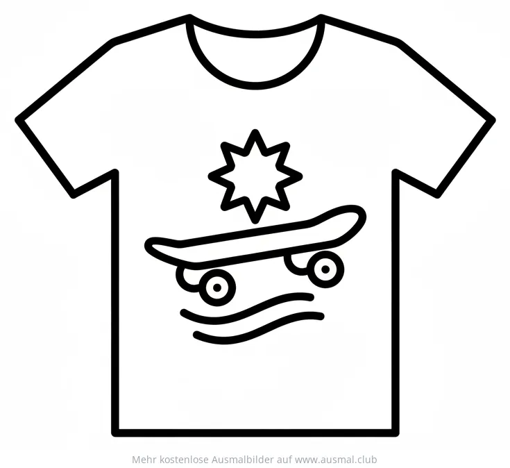 Skateboard T-Shirt Ausmalbild mit Stern und Wellen
