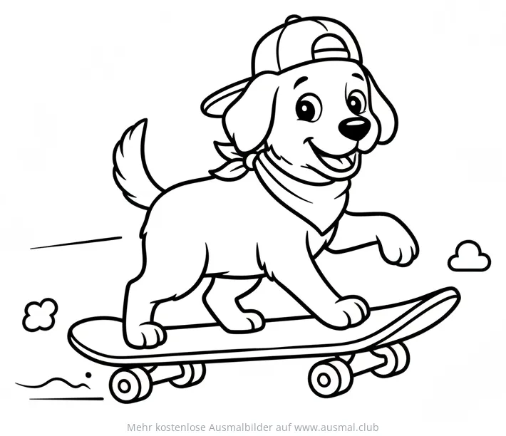 Hund mit Kappe auf Skateboard Ausmalbild
