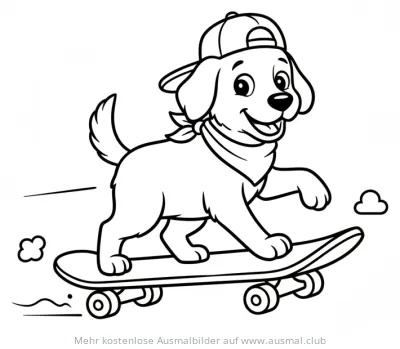 Hund mit Kappe auf Skateboard Ausmalbild