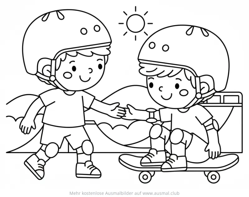 Zwei Jungen mit Skateboard Ausmalbild