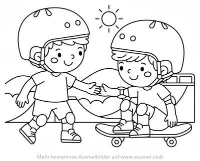 Zwei Jungen mit Skateboard Ausmalbild