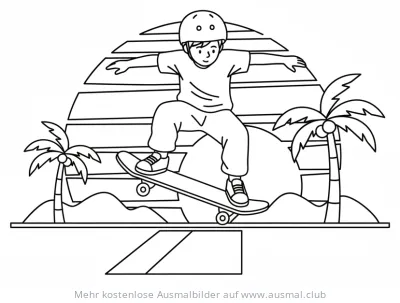 Skateboarder beim Sprung vor Sonnenuntergang Ausmalbild