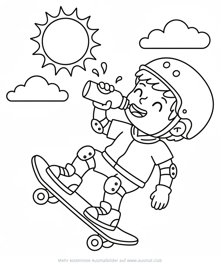 Skateboarder trinkt aus Flasche Ausmalbild