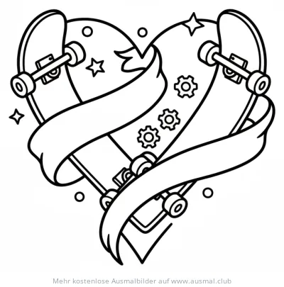 Skateboard und Herz Ausmalbild