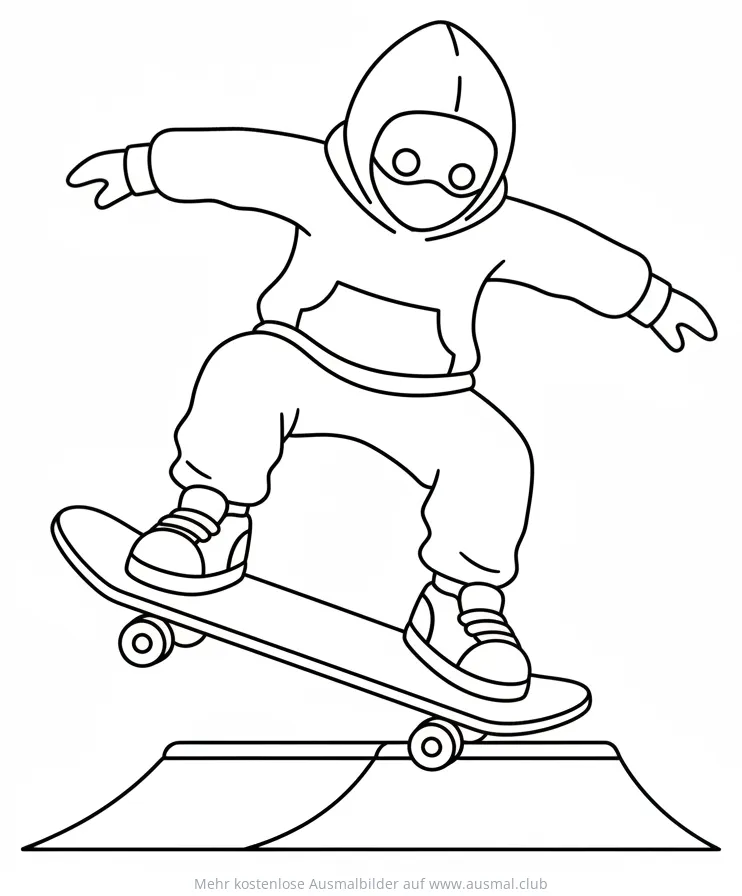 Skater mit Kapuze und Maske auf Skateboard Ausmalbild