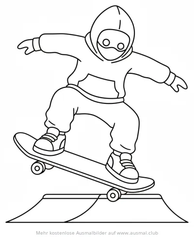Skater mit Kapuze und Maske auf Skateboard Ausmalbild