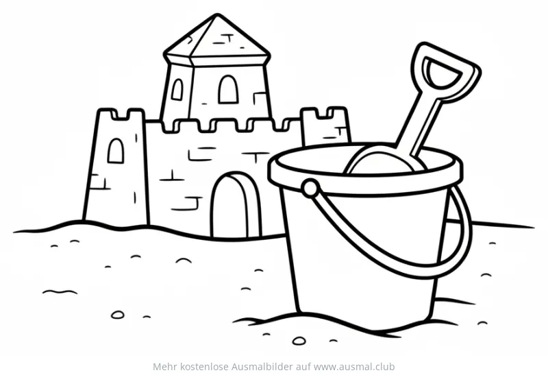 Sandburg mit Eimer und Schaufel Ausmalbild