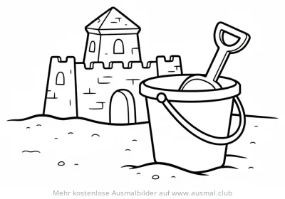 Sandburg mit Eimer und Schaufel Ausmalbild