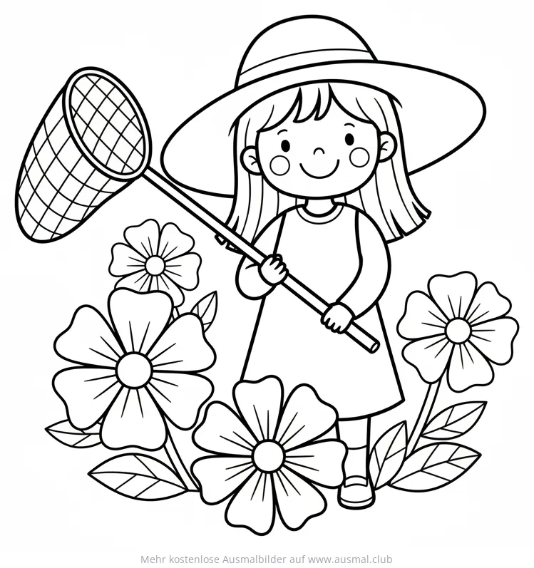 Mädchen mit Kescher zwischen Blumen Ausmalbild