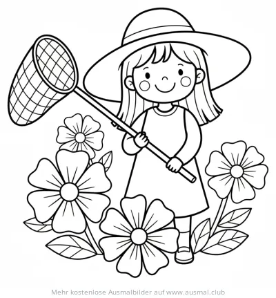 Mädchen mit Kescher zwischen Blumen Ausmalbild