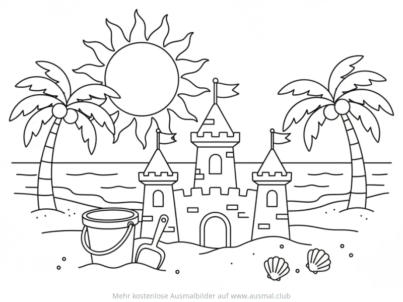 Sandburg Ausmalbild mit Sonne, Palmen und Strand