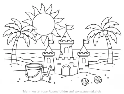 Sandburg Ausmalbild mit Sonne, Palmen und Strand