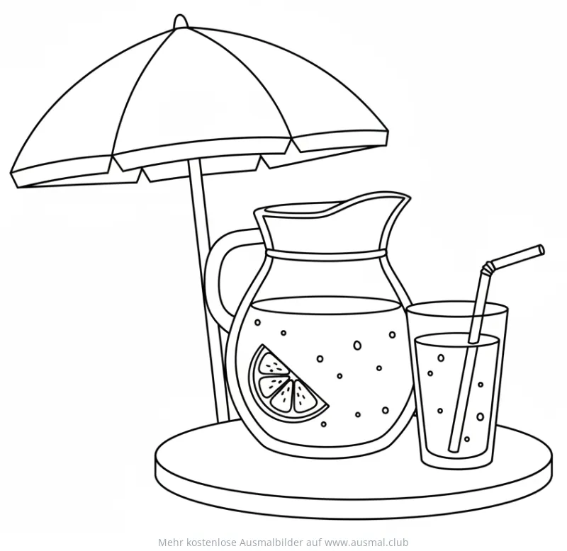 Limonade Krug und Glas unter Sonnenschirm Ausmalbild