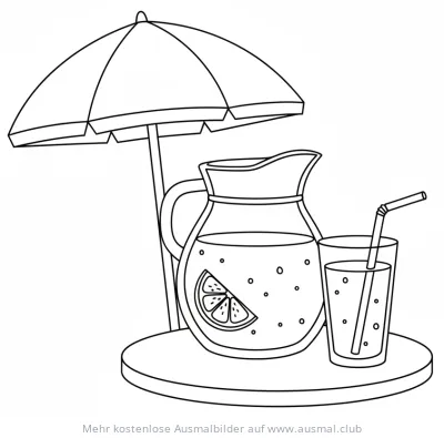 Limonade Krug und Glas unter Sonnenschirm Ausmalbild