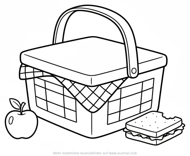 Picknickkorb mit Apfel und Sandwich Ausmalbild