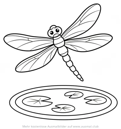 Libelle über Teich mit Seerosen Ausmalbild