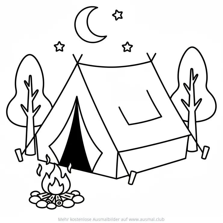 Zelt mit Lagerfeuer unter Sternen Ausmalbild