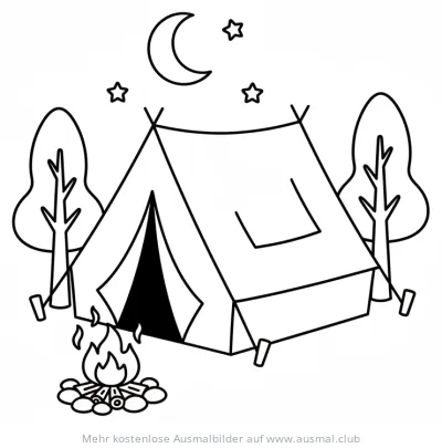 Zelt mit Lagerfeuer unter Sternen Ausmalbild